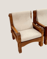 Pair of Brutalist Oak Lounge Chairs w/ Curly Wool Upholstery, Netherlands, 1970's - Lone Fox