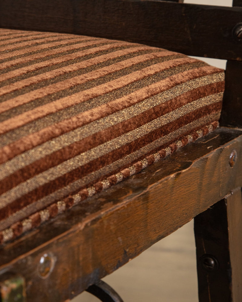 Pair of Carved Spanish Bobbin Chairs w/ Striped Velvet Upholstery, 1970's - Lone Fox