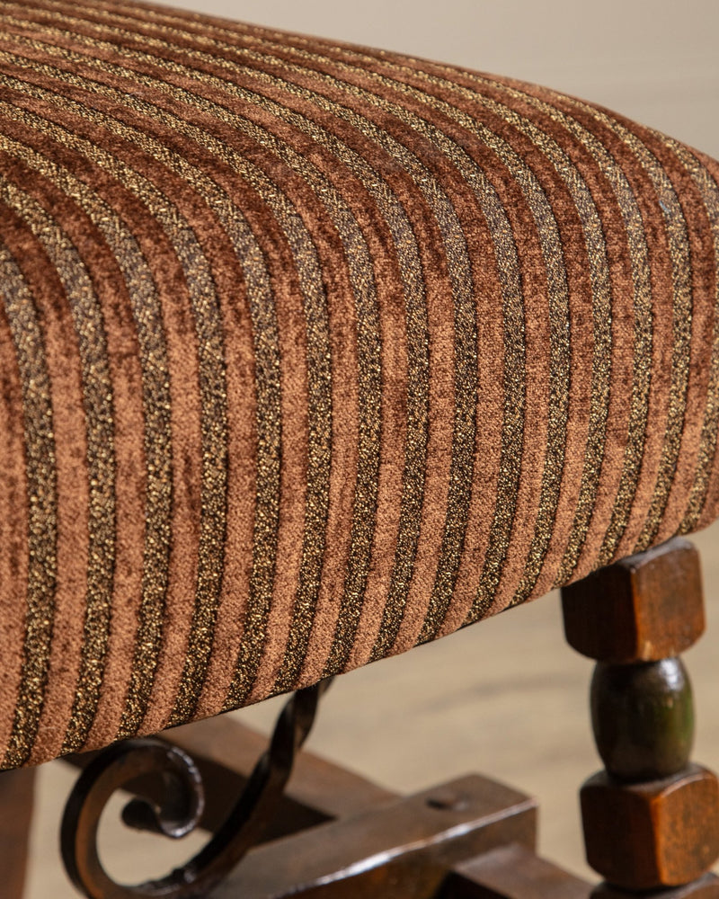 Pair of Carved Spanish Bobbin Chairs w/ Striped Velvet Upholstery, 1970's - Lone Fox