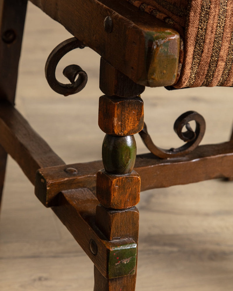 Pair of Carved Spanish Bobbin Chairs w/ Striped Velvet Upholstery, 1970's - Lone Fox