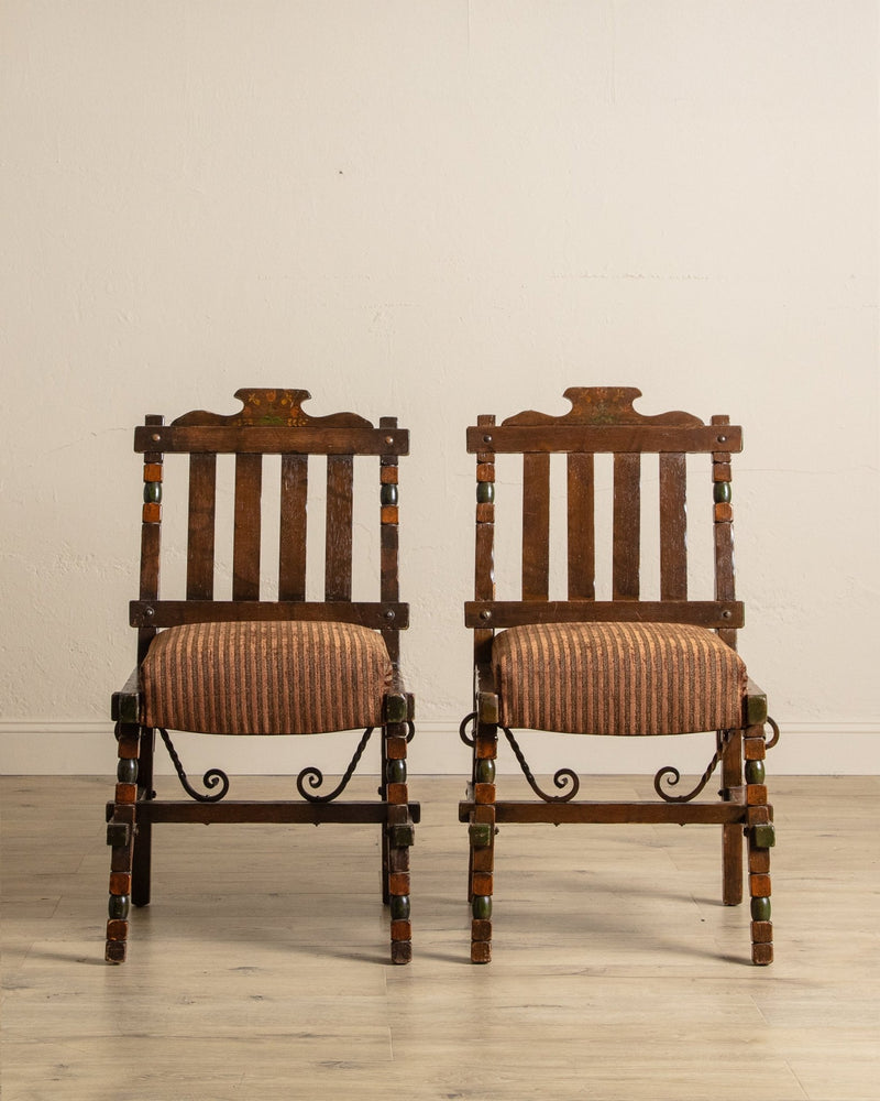 Pair of Carved Spanish Bobbin Chairs w/ Striped Velvet Upholstery, 1970's - Lone Fox
