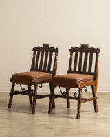 Pair of Carved Spanish Bobbin Chairs w/ Striped Velvet Upholstery, 1970's - Lone Fox