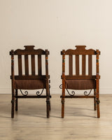 Pair of Carved Spanish Bobbin Chairs w/ Striped Velvet Upholstery, 1970's - Lone Fox