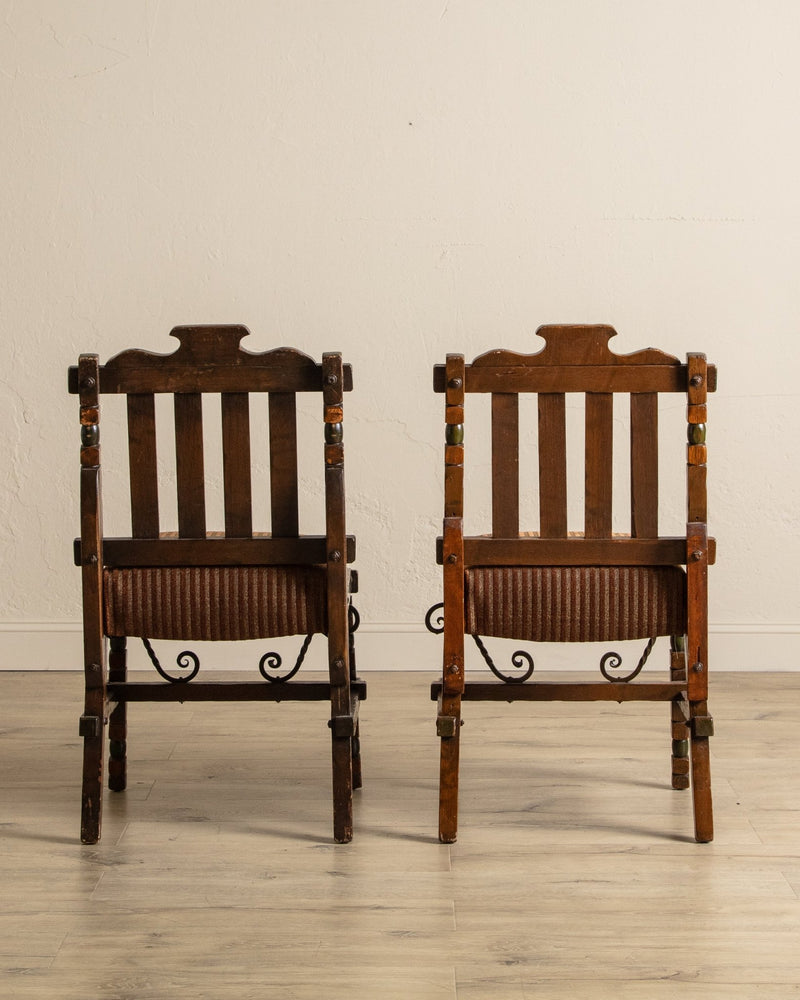 Pair of Carved Spanish Bobbin Chairs w/ Striped Velvet Upholstery, 1970's - Lone Fox