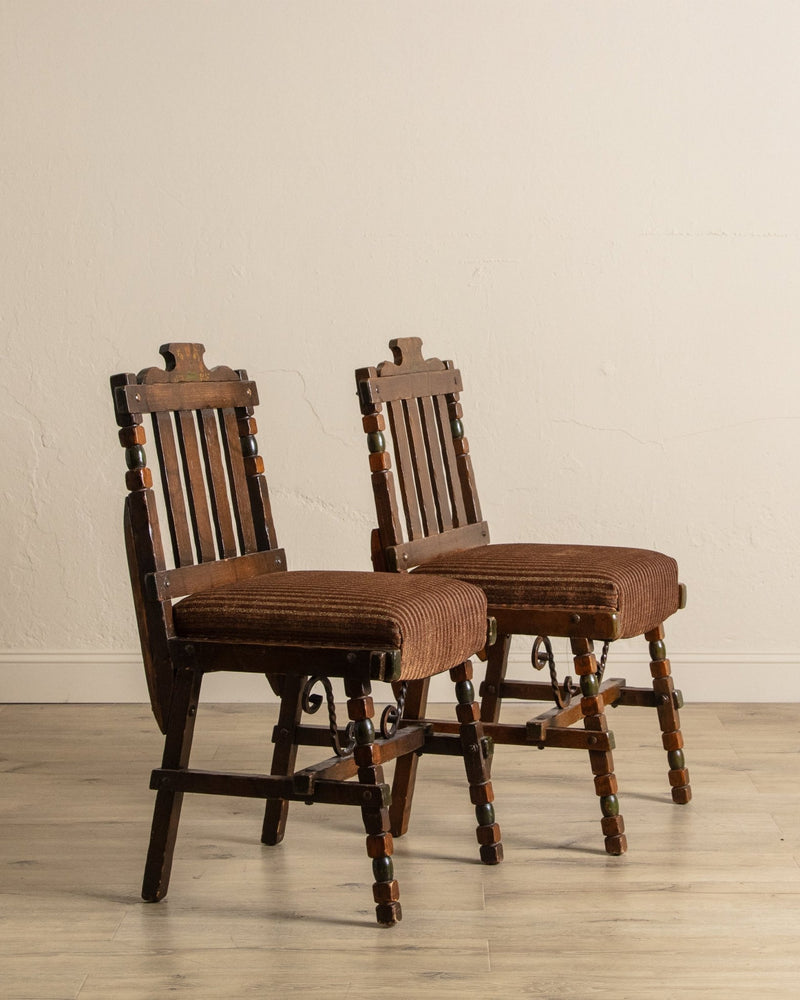 Pair of Carved Spanish Bobbin Chairs w/ Striped Velvet Upholstery, 1970's - Lone Fox