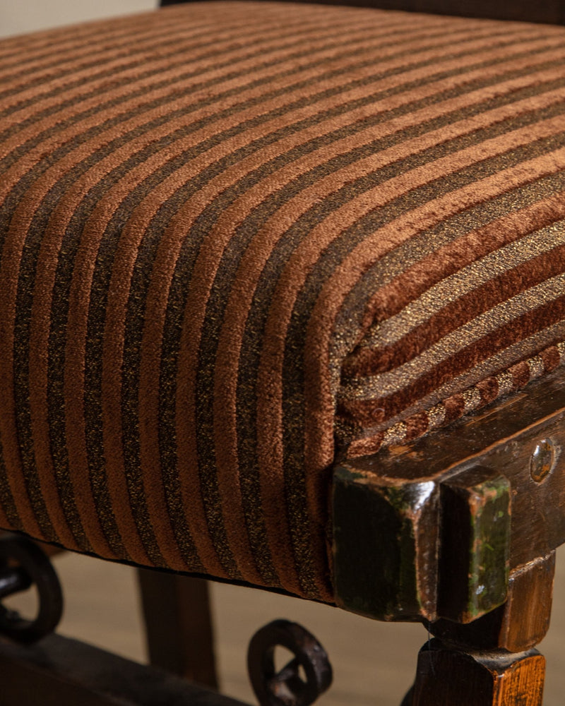 Pair of Carved Spanish Bobbin Chairs w/ Striped Velvet Upholstery, 1970's - Lone Fox