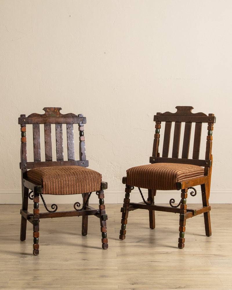 Pair of Carved Spanish Bobbin Chairs w/ Striped Velvet Upholstery, 1970's - Lone Fox