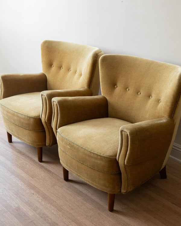 Pair of Danish Mohair Mustache Arm Wingback Chairs, 1950's - Lone Fox