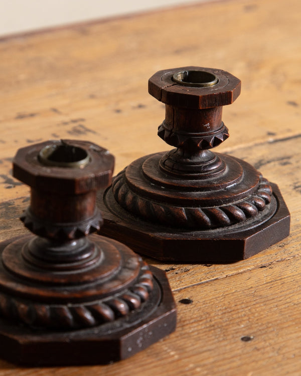 Pair of Folk Art Gothic Carved Wood Candle Holders - Lone Fox