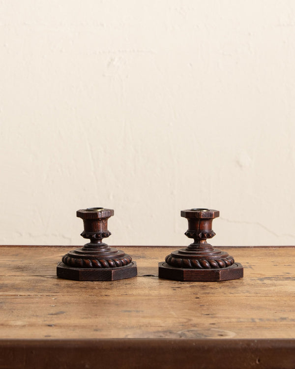 Pair of Folk Art Gothic Carved Wood Candle Holders - Lone Fox