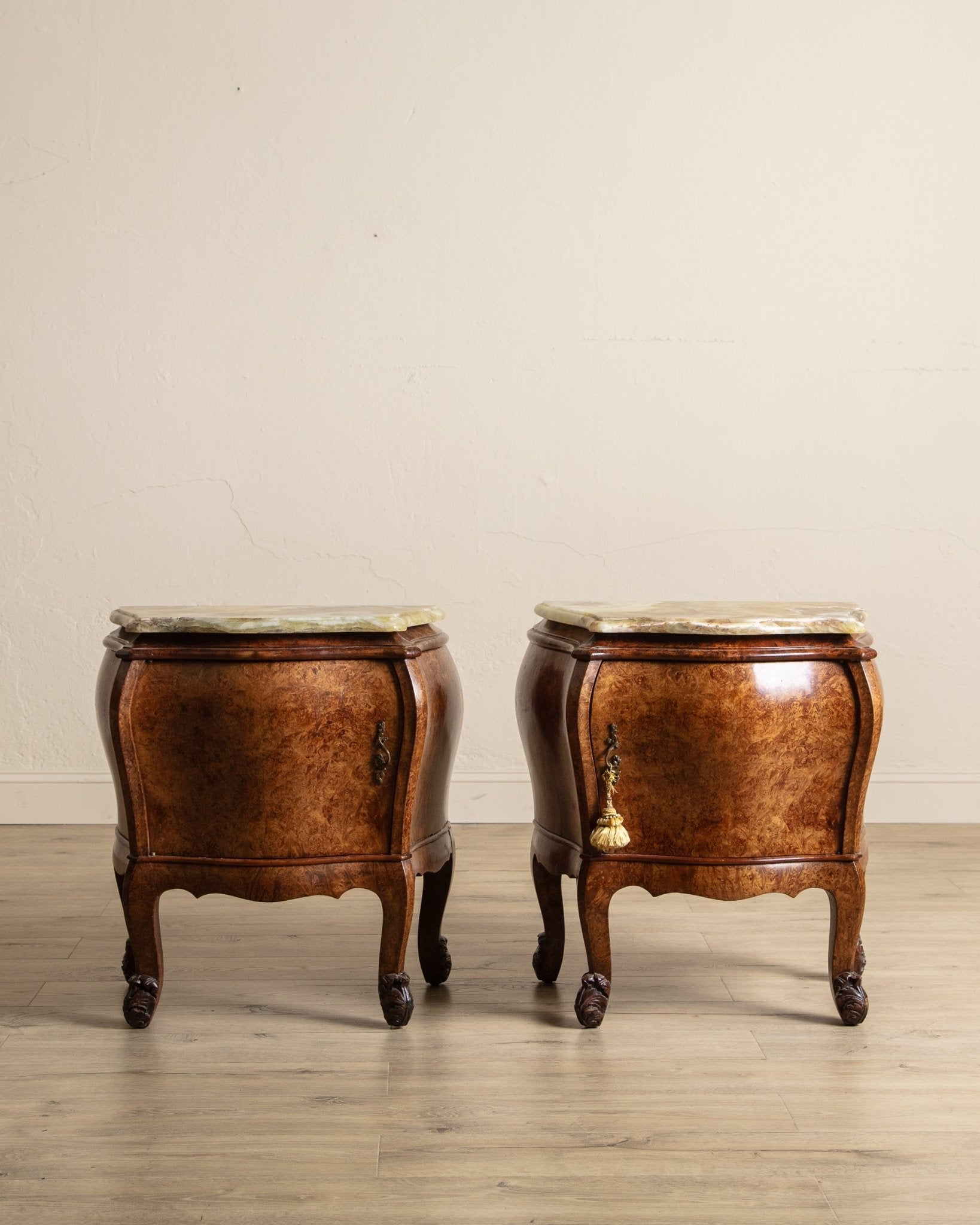Pair of French Burl & Green Onyx Nighstands, 1950's - Lone Fox