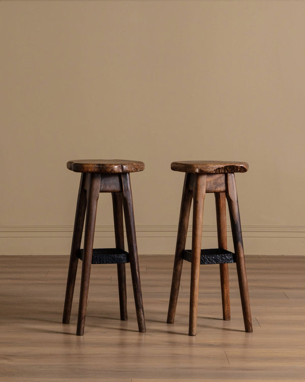 Pair of French Organic Wood & Hammered Iron Barstools, 1950's - Lone Fox