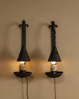 Pair of Gothic Revival Iron Sconces w/ Cone Shades, Europe, 1920s - Lone Fox