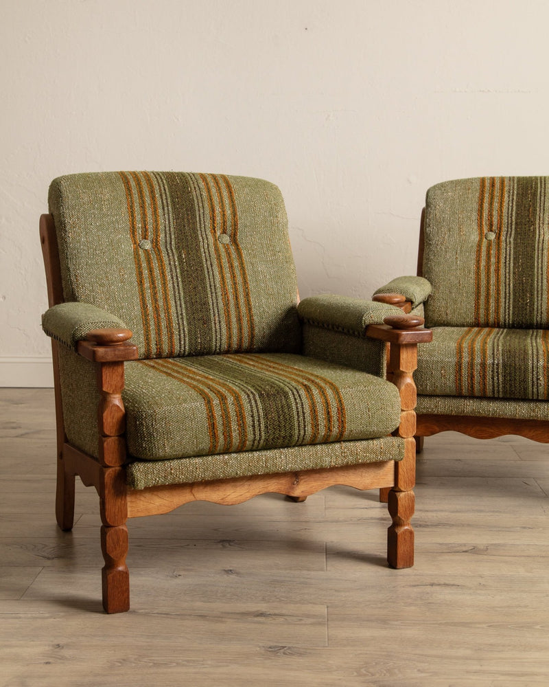 Pair of Green Striped Wool & Oak Lounge Chairs by Henning Kjaernulf, Denmark, 1970's - Lone Fox