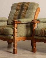 Pair of Green Striped Wool & Oak Lounge Chairs by Henning Kjaernulf, Denmark, 1970's - Lone Fox