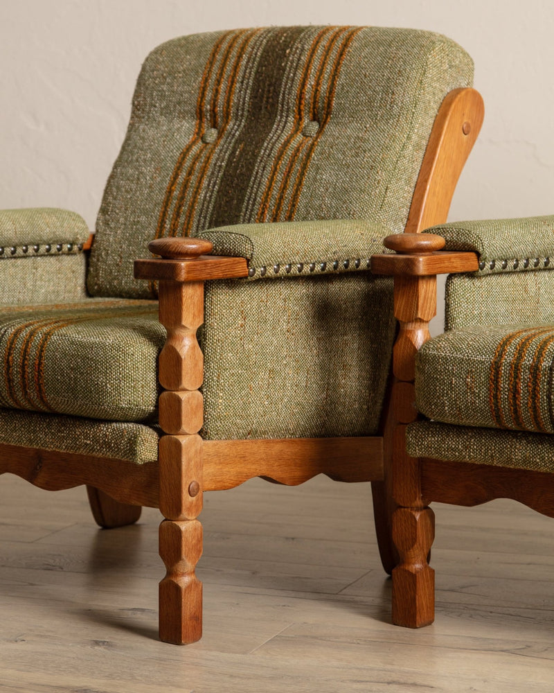Pair of Green Striped Wool & Oak Lounge Chairs by Henning Kjaernulf, Denmark, 1970's - Lone Fox