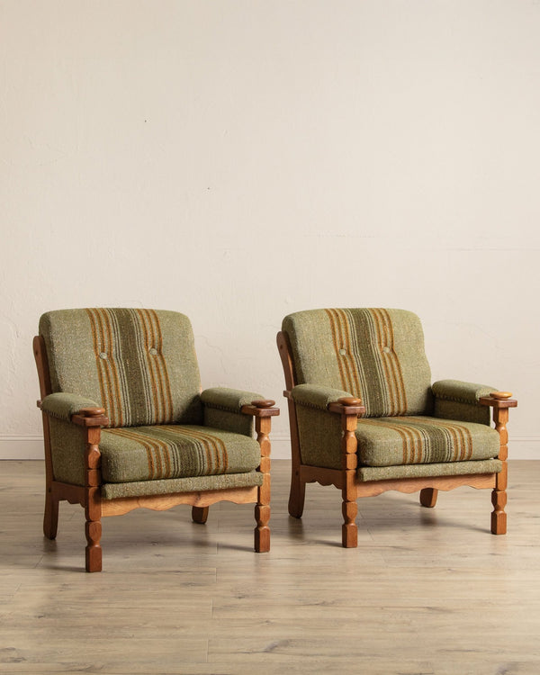 Pair of Green Striped Wool & Oak Lounge Chairs by Henning Kjaernulf, Denmark, 1970's - Lone Fox