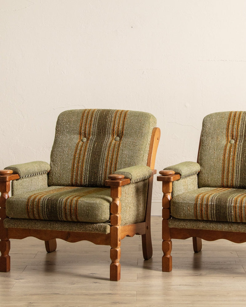 Pair of Green Striped Wool & Oak Lounge Chairs by Henning Kjaernulf, Denmark, 1970's - Lone Fox