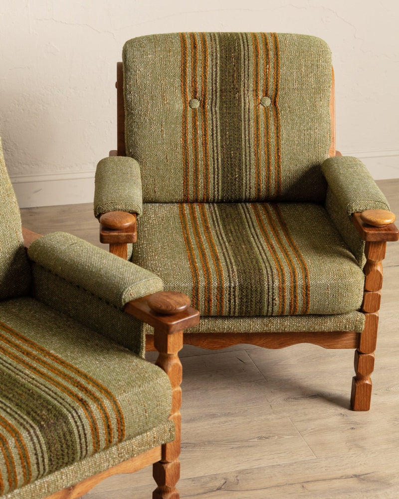 Pair of Green Striped Wool & Oak Lounge Chairs by Henning Kjaernulf, Denmark, 1970's - Lone Fox