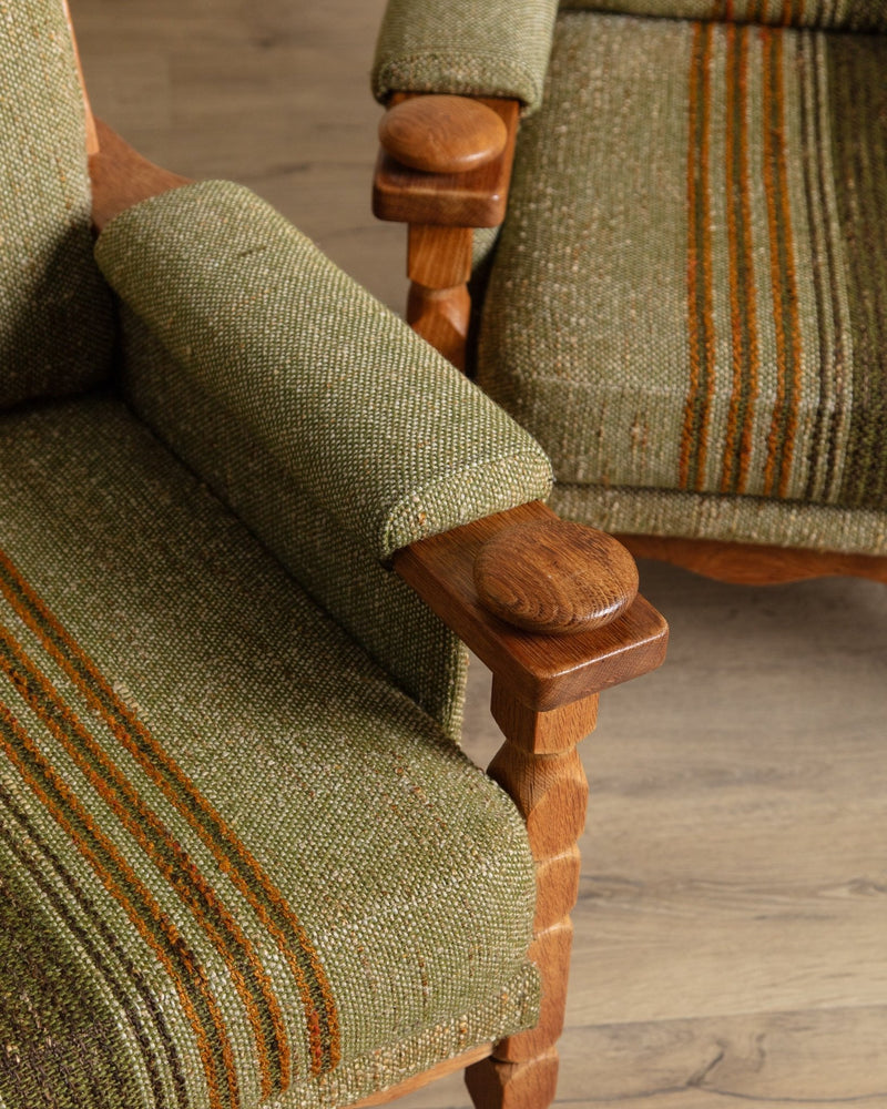 Pair of Green Striped Wool & Oak Lounge Chairs by Henning Kjaernulf, Denmark, 1970's - Lone Fox