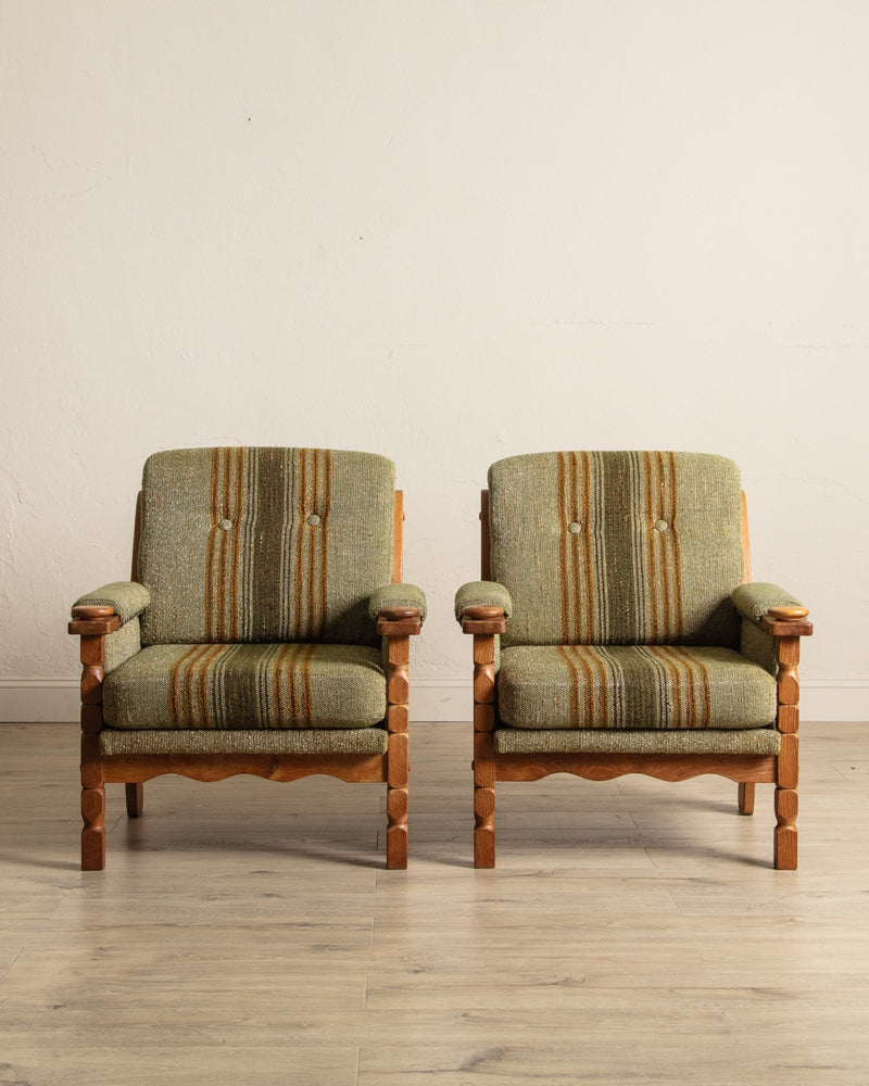 Pair of Green Striped Wool & Oak Lounge Chairs by Henning Kjaernulf, Denmark, 1970's - Lone Fox