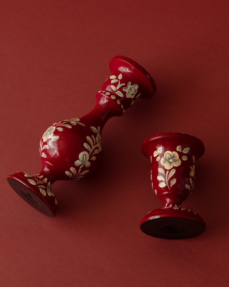Pair of Hand - Painted Crimson Wood Taper Holders - Lone Fox