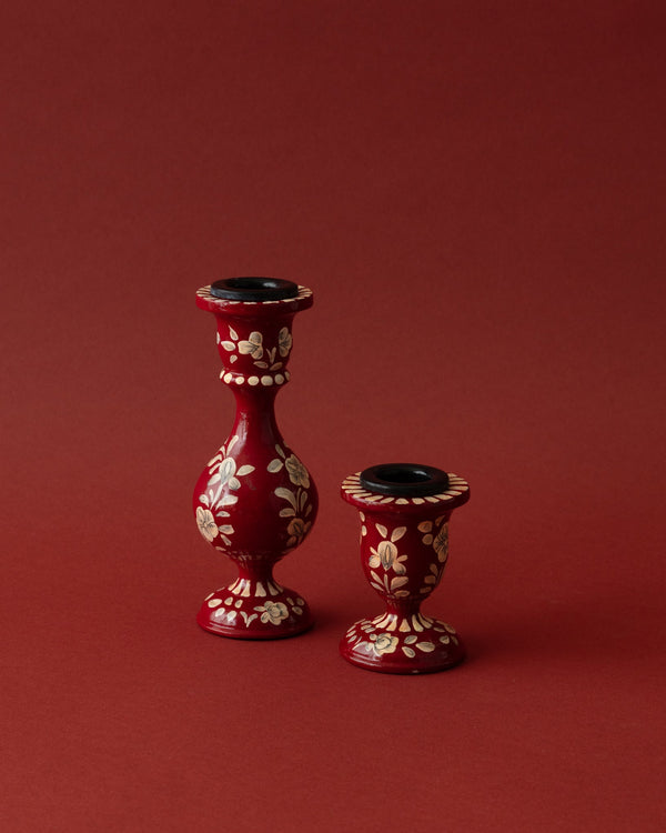 Pair of Hand - Painted Crimson Wood Taper Holders - Lone Fox