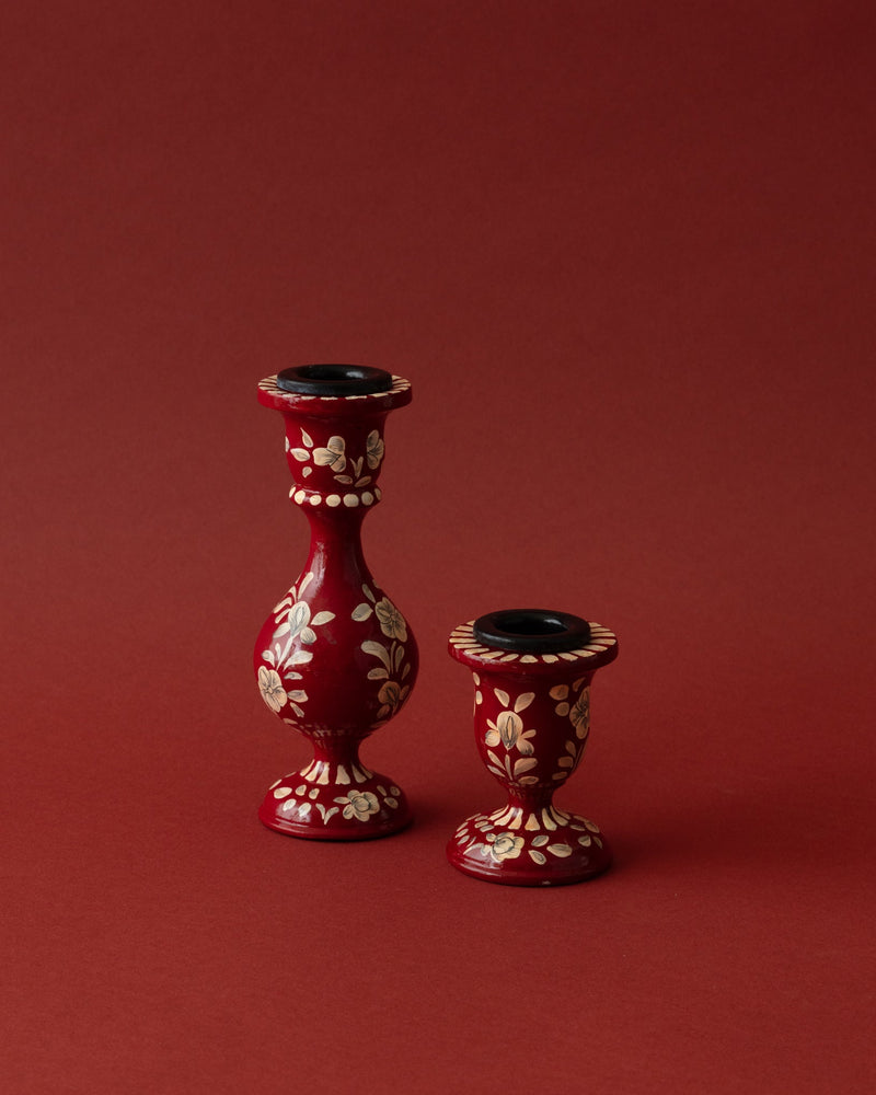 Pair of Hand - Painted Crimson Wood Taper Holders - Lone Fox