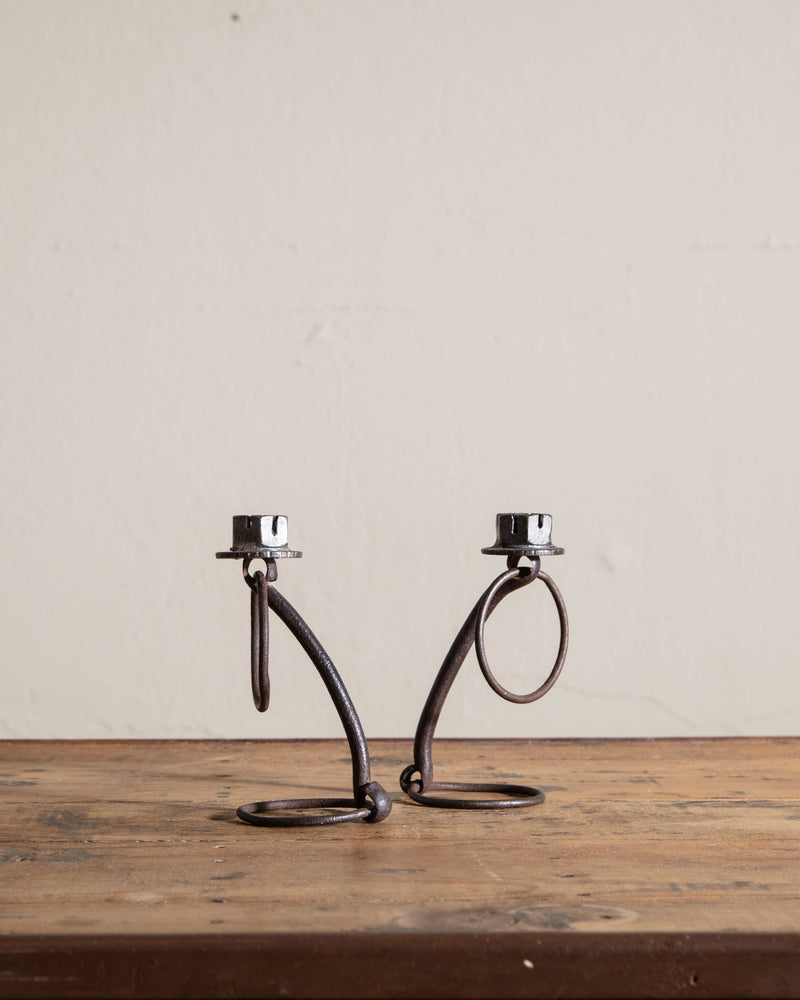 Pair of Handmade Forged Metal Taper Candle Holders, Signed - Lone Fox