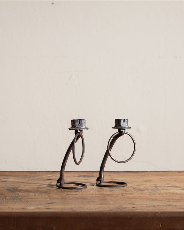 Pair of Handmade Forged Metal Taper Candle Holders, Signed - Lone Fox