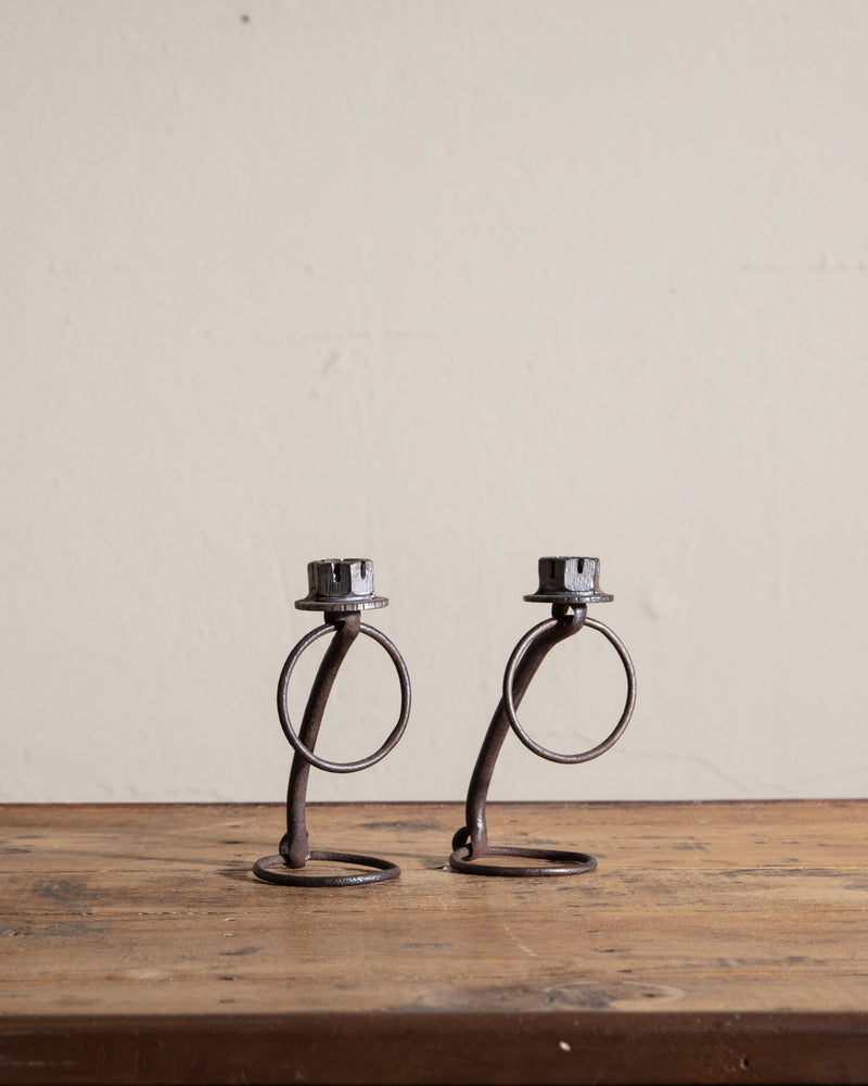 Pair of Handmade Forged Metal Taper Candle Holders, Signed - Lone Fox