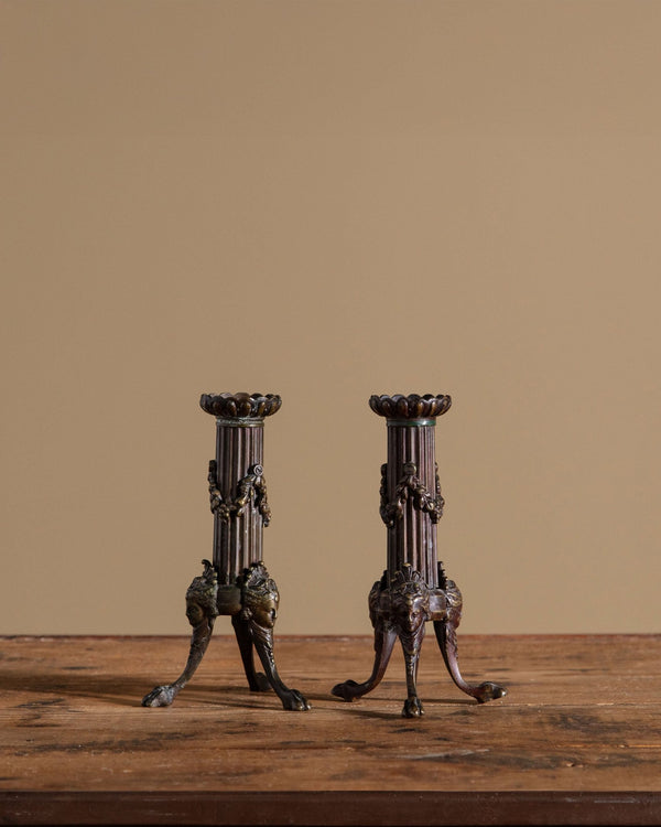 Pair of Neoclassical Bronze Candle Holders, France, Early 20th Century - Lone Fox