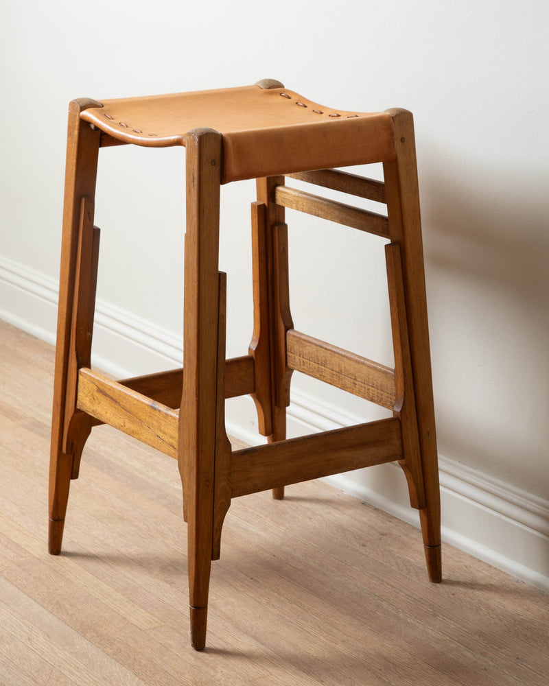 Pair of Oak & Leather Stools by Werner Biermann, 1960's - Lone Fox