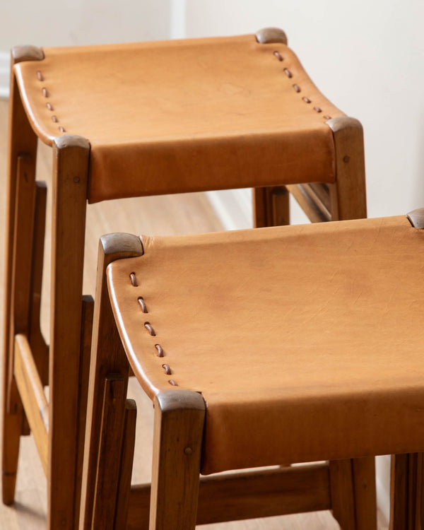 Pair of Oak & Leather Stools by Werner Biermann, 1960's - Lone Fox