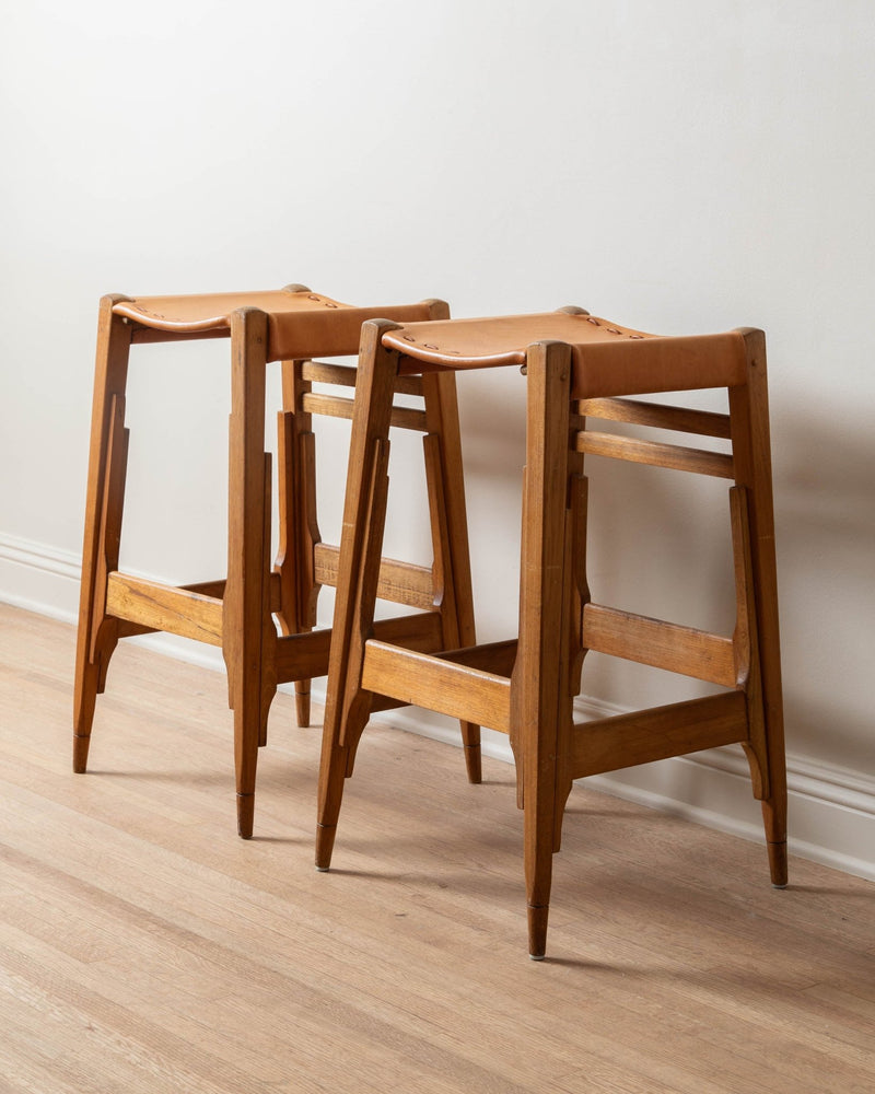 Pair of Oak & Leather Stools by Werner Biermann, 1960's - Lone Fox