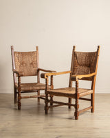 Pair of Oversized Dutch Oak & Rush Armchairs, 1950's - Lone Fox