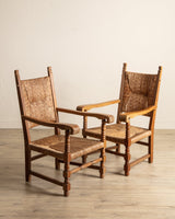 Pair of Oversized Dutch Oak & Rush Armchairs, 1950's - Lone Fox
