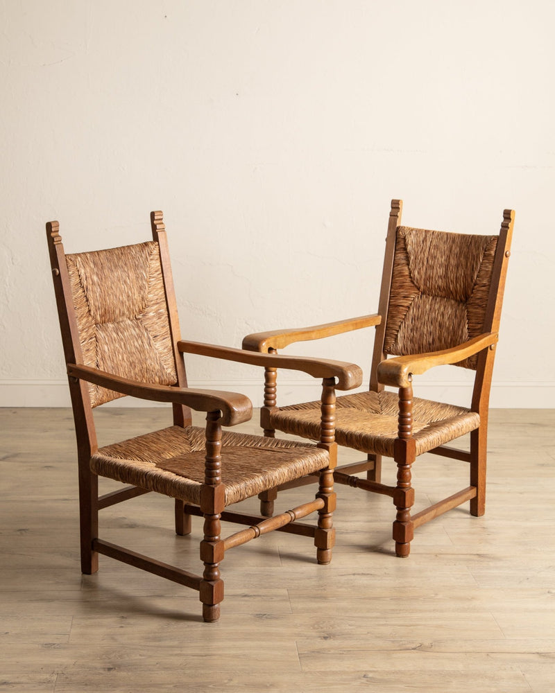 Pair of Oversized Dutch Oak & Rush Armchairs, 1950's - Lone Fox