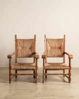Pair of Oversized Dutch Oak & Rush Armchairs, 1950's - Lone Fox