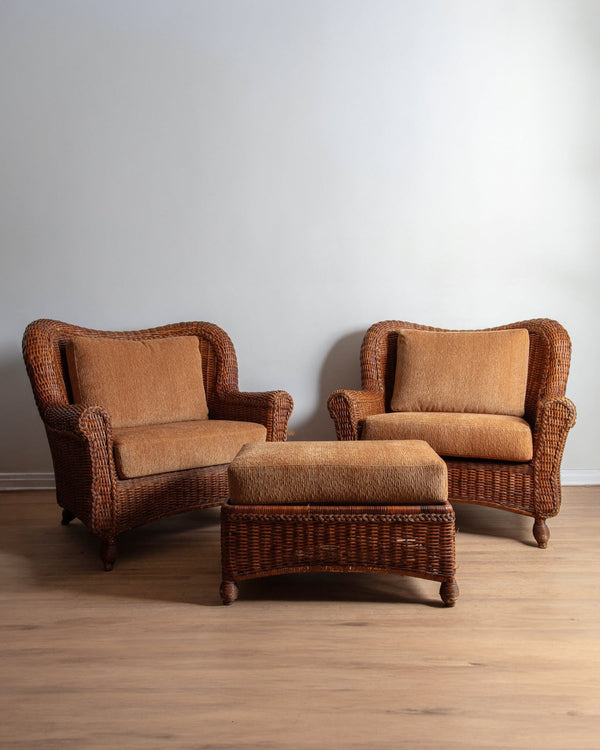 Pair of Oversized Wicker Armchairs w/ Ottoman - Lone Fox