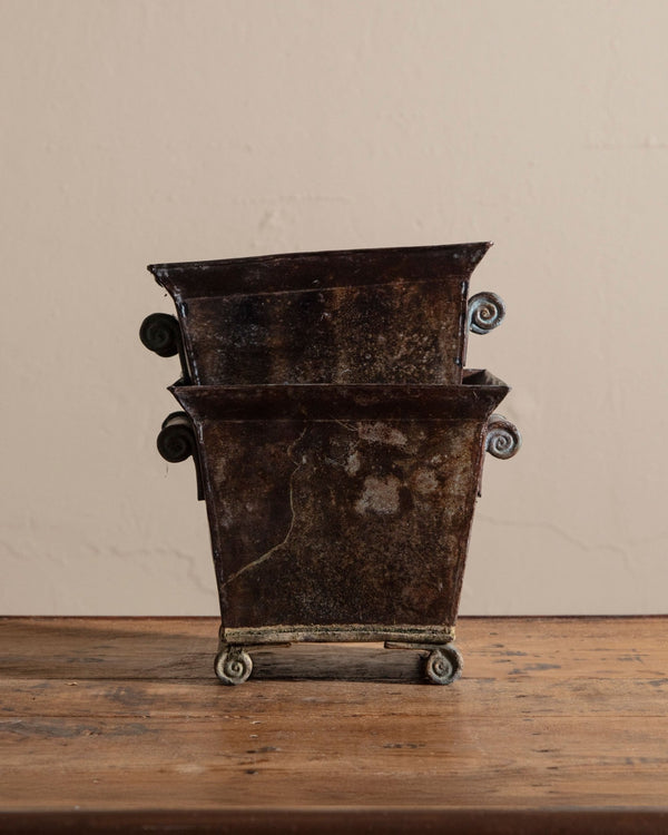 Pair of Patinated Iron Scroll Footed Planters, France, 1930's - Lone Fox