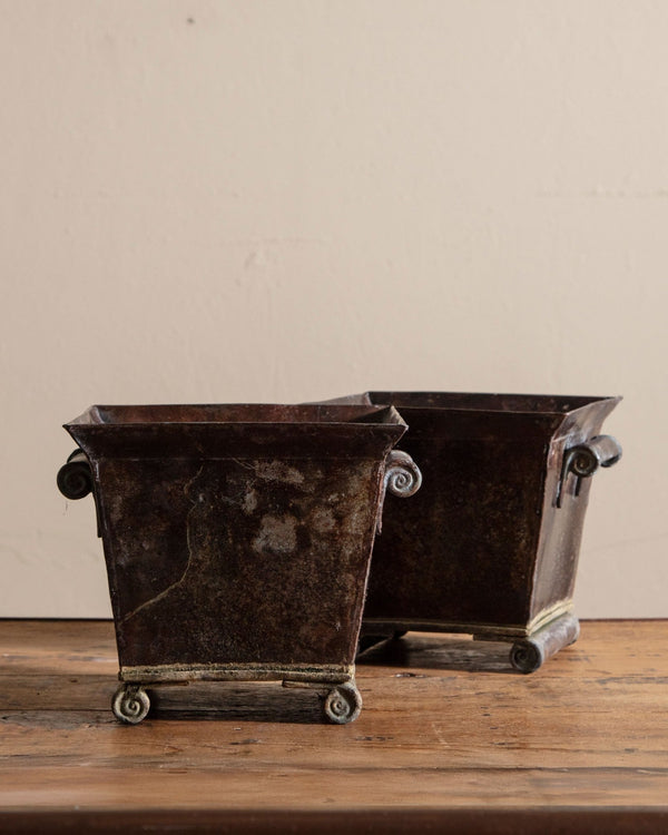Pair of Patinated Iron Scroll Footed Planters, France, 1930's - Lone Fox