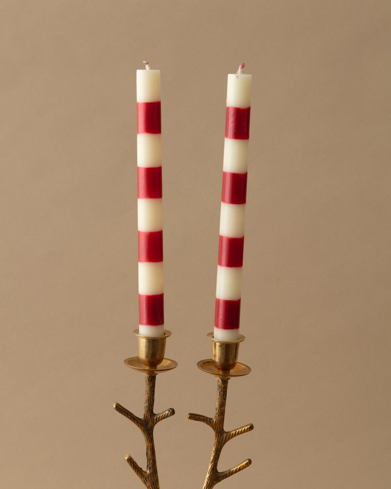 Pair of Red Striped Taper Candles - Lone Fox