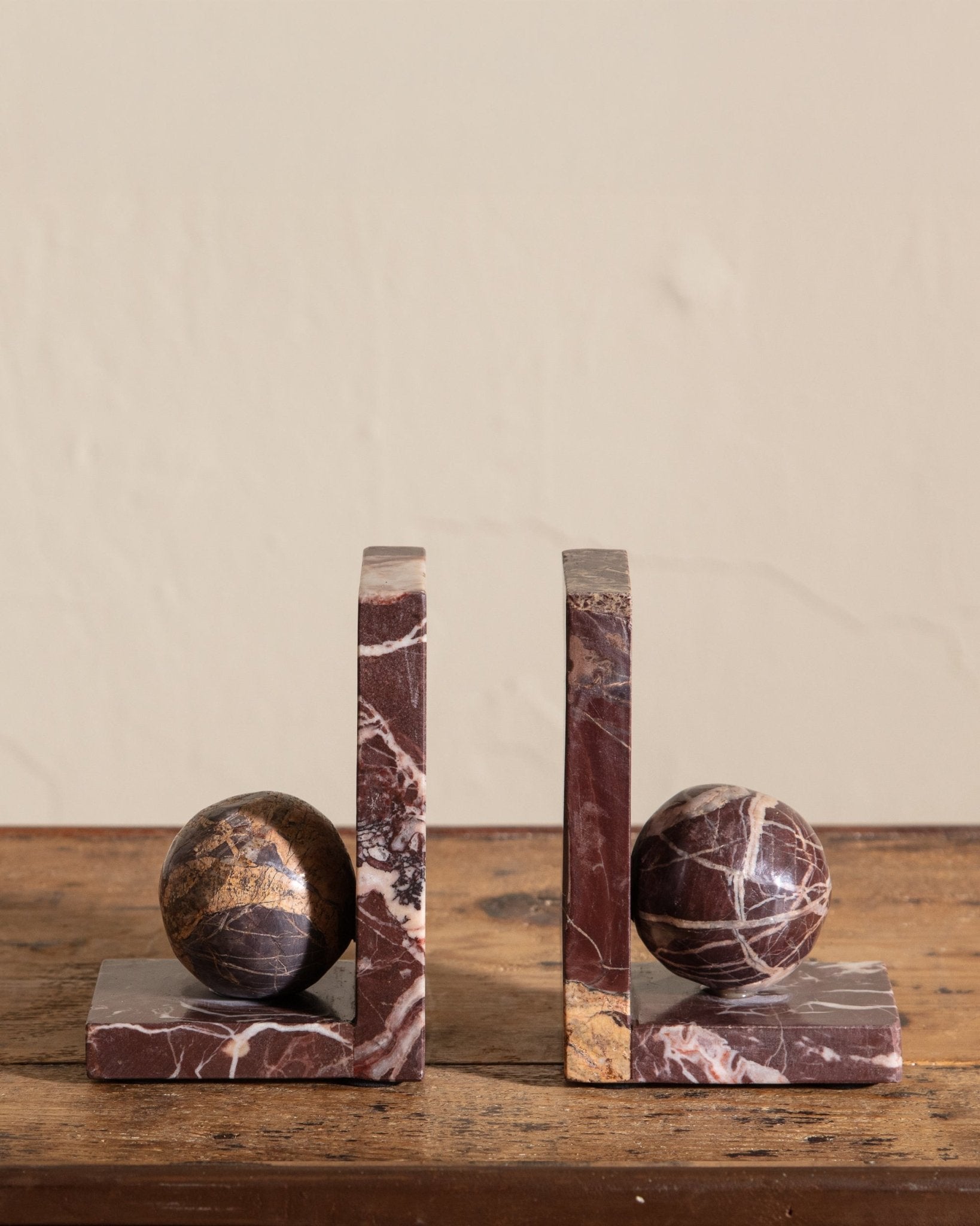 Pair of Rosso Levanto Marble Sphere Bookends - Lone Fox
