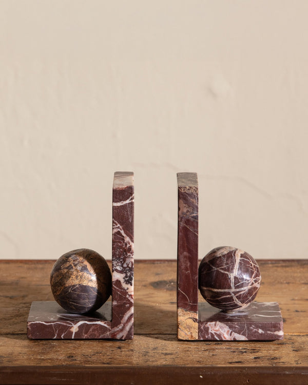 Pair of Rosso Levanto Marble Sphere Bookends - Lone Fox