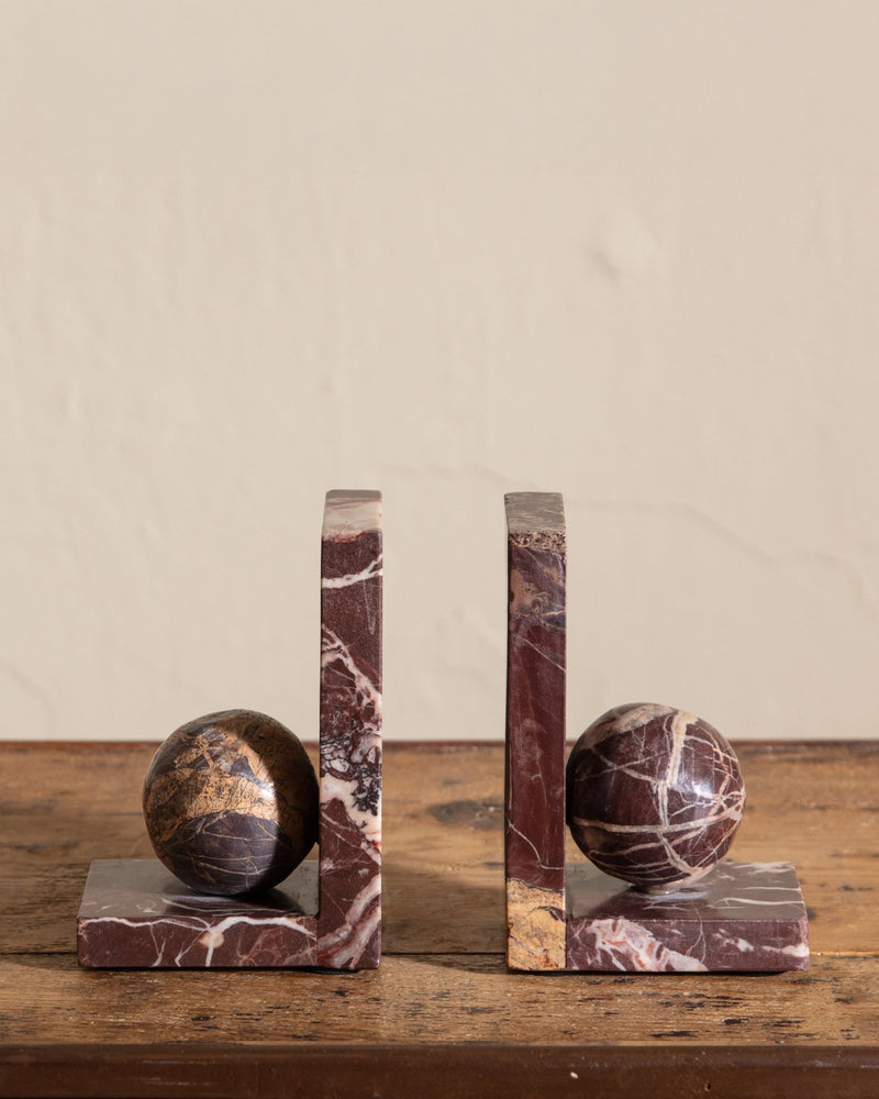 Pair of Rosso Levanto Marble Sphere Bookends - Lone Fox