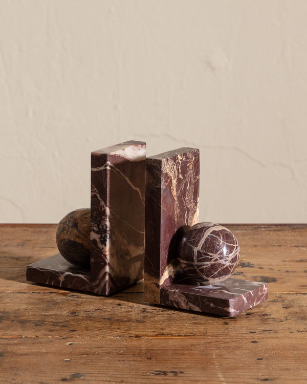 Pair of Rosso Levanto Marble Sphere Bookends - Lone Fox