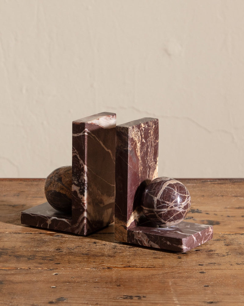 Pair of Rosso Levanto Marble Sphere Bookends - Lone Fox