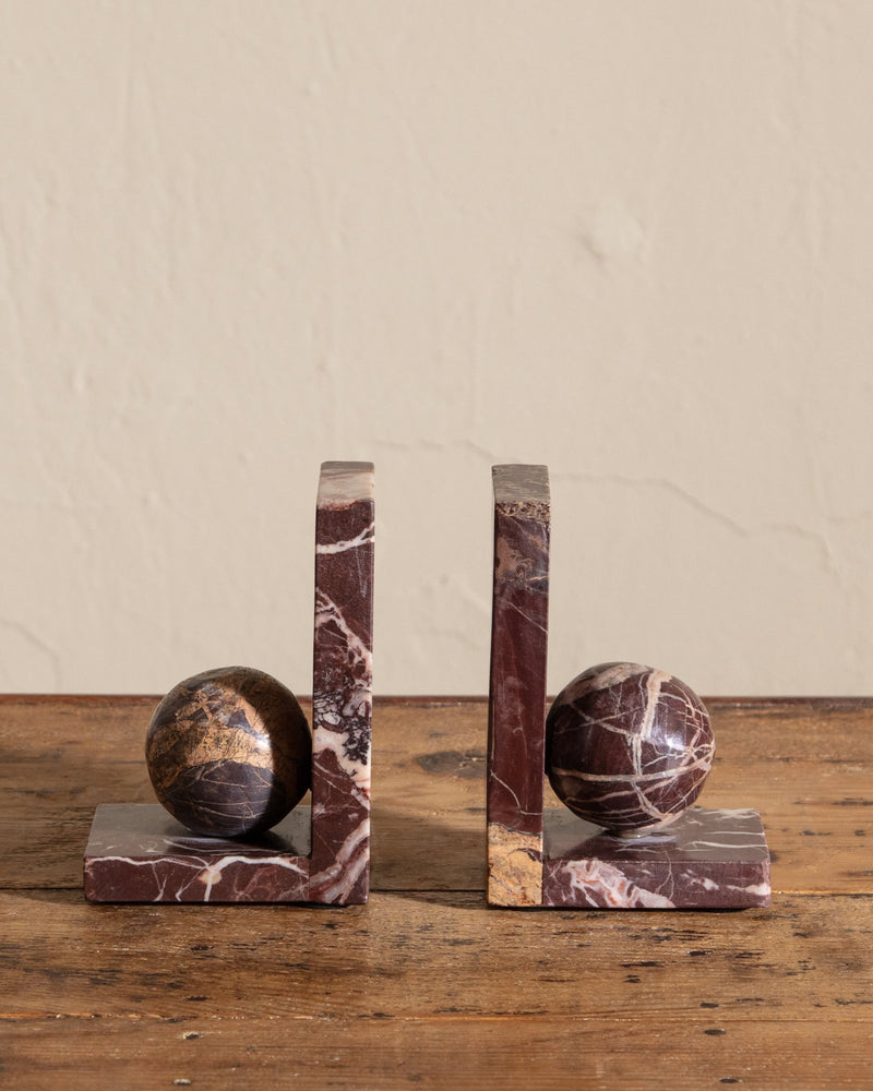 Pair of Rosso Levanto Marble Sphere Bookends - Lone Fox