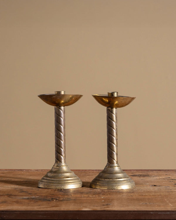 Pair of Spiral Solid Brass Candle Holder, 1940's - Lone Fox